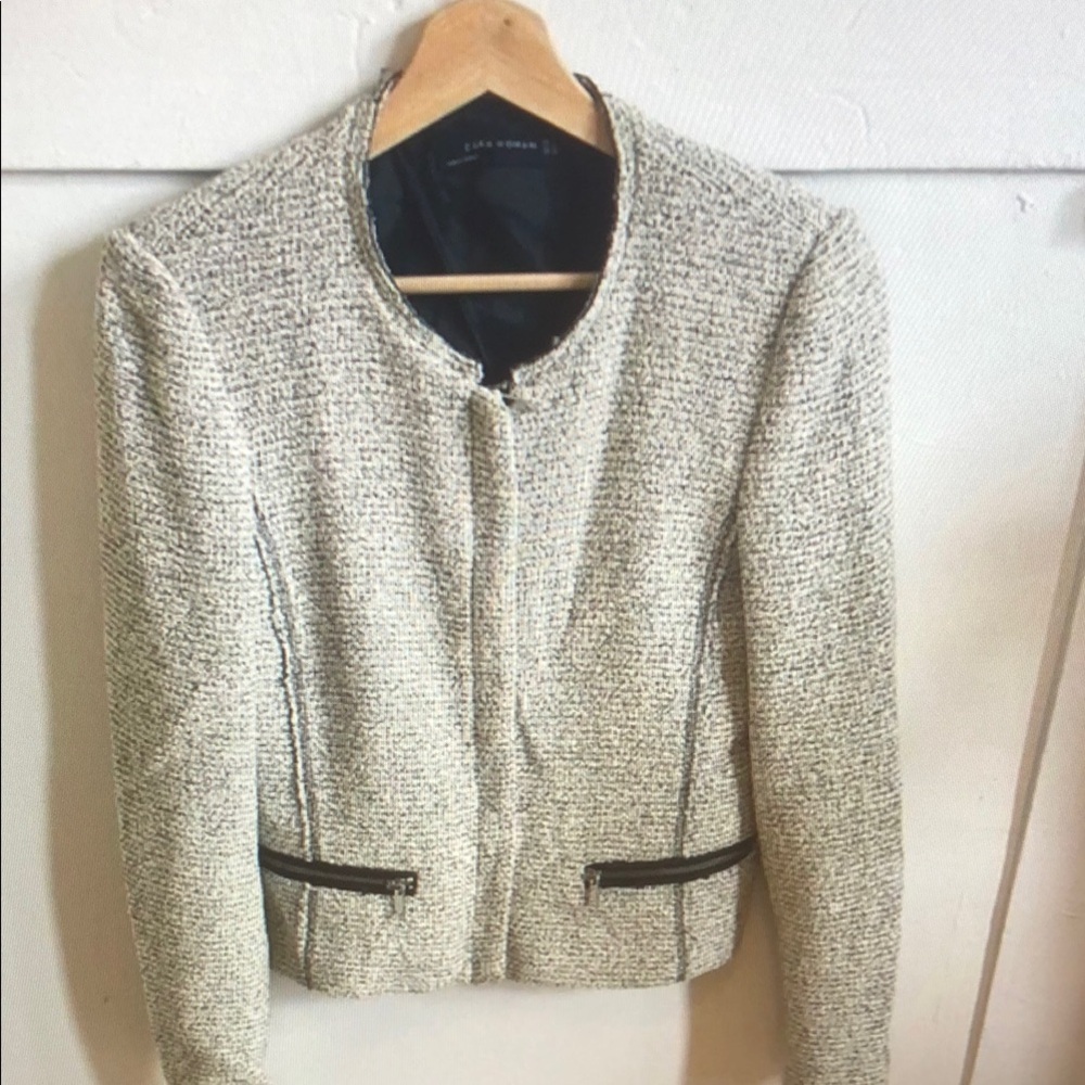 Zara Gray and White Blazer with Textured Finish